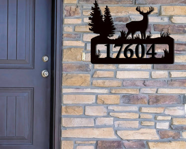 Elk Address Sign with Pine Trees | Personalized Metal House Numbers | Rustic Address Sign | Customizable Log Cabin Decor | Outdoor Sign